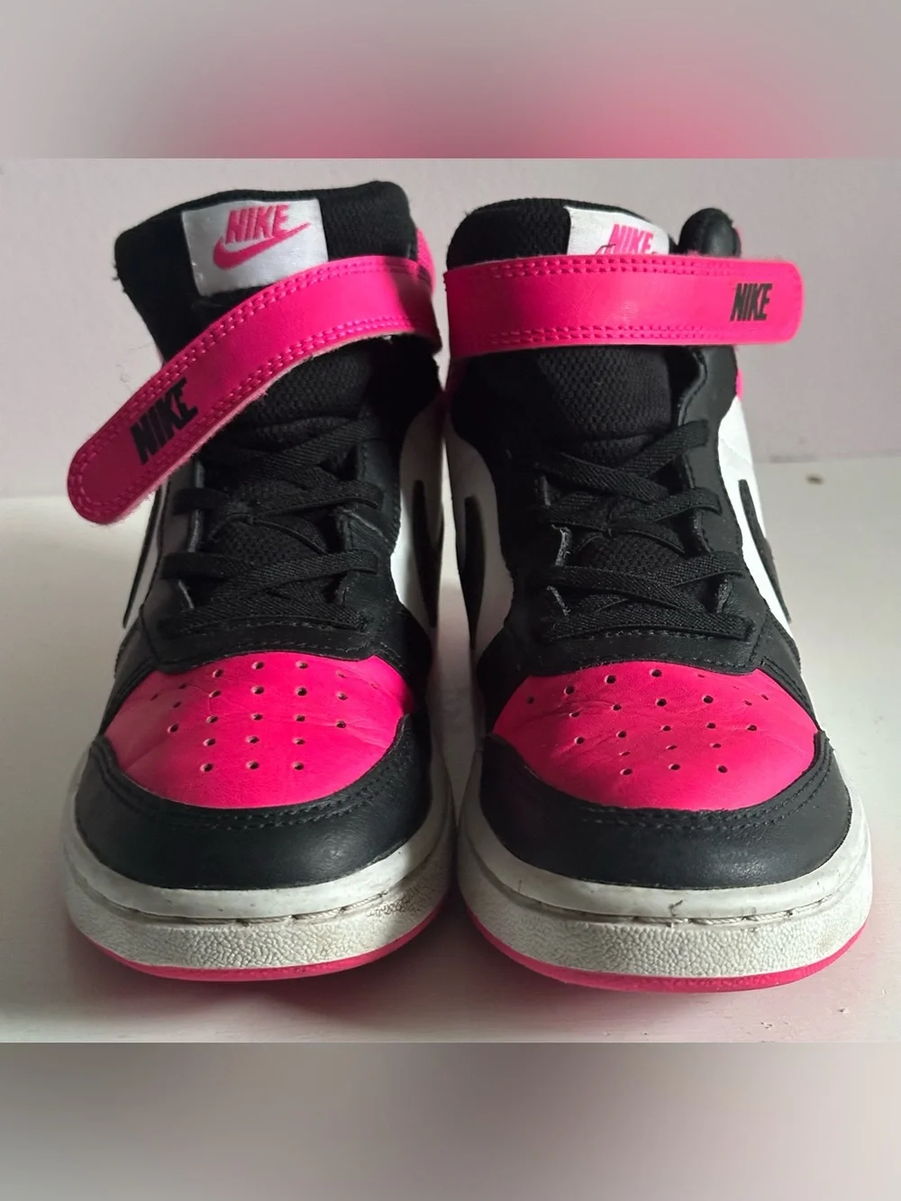 NIKE ALL DAY PLAY kids Mid-Top Sneakers iPink, Black & White Velcro Strap SZ 2Y